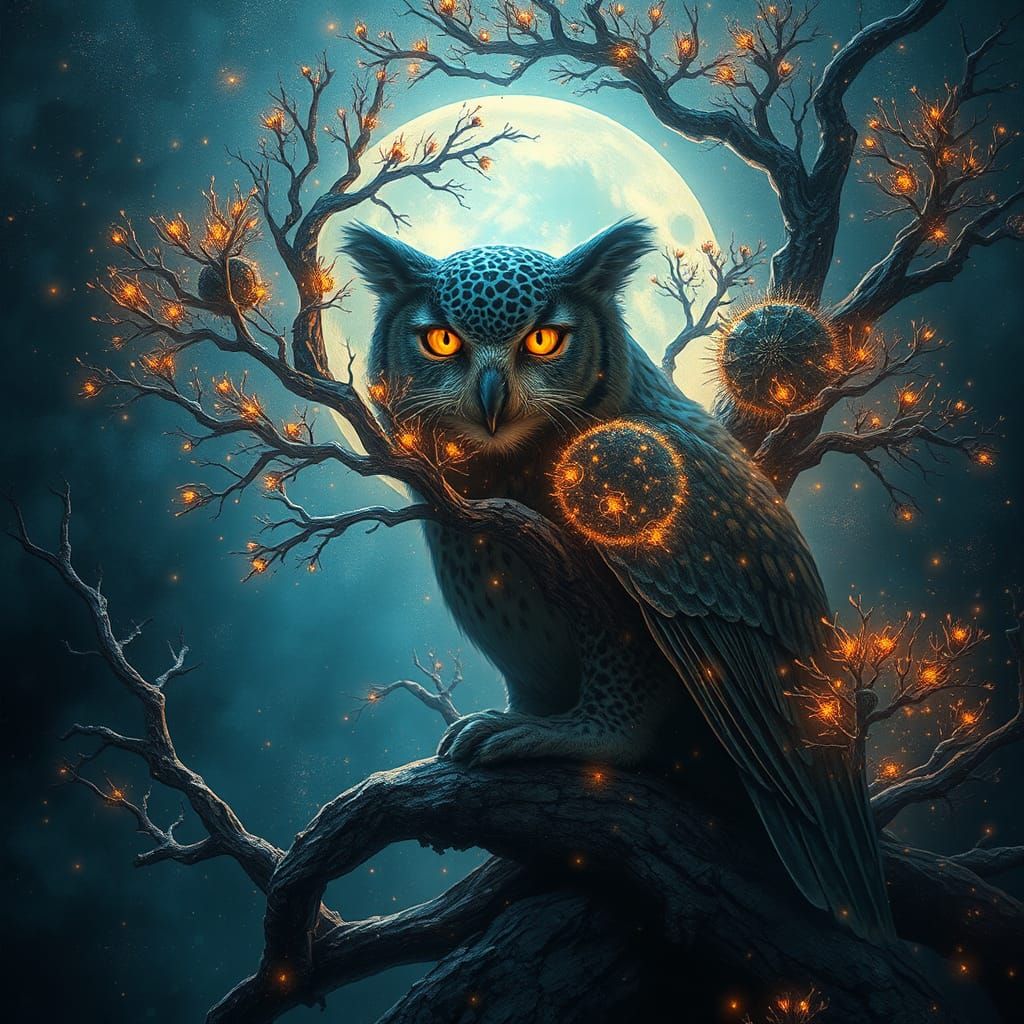 Surreal Cellular Cityscape with Blue Owl Leopard King