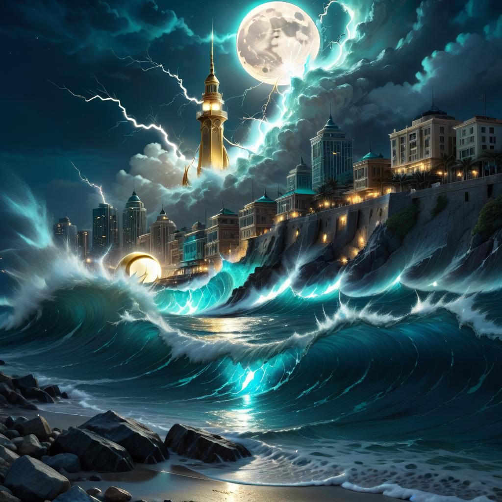 Epic Cityscape with Golden Lightning and Sparkling Sea