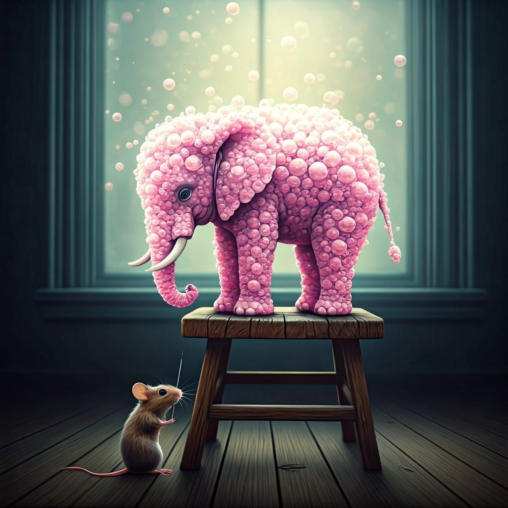 Pink Bubble Elephant and Mouse in Dreamy Style