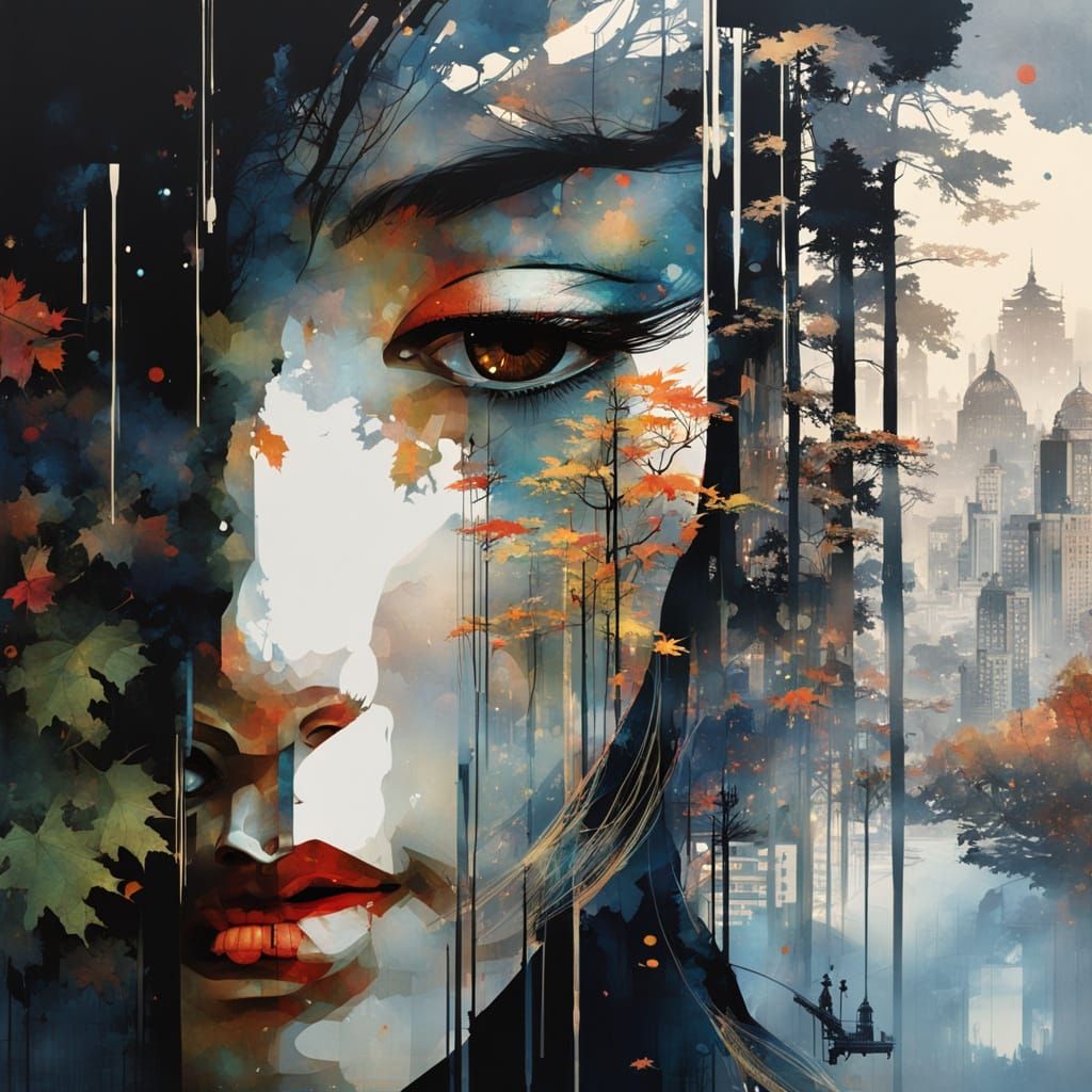 Galaxy Dripping into Cityscape Double Exposure