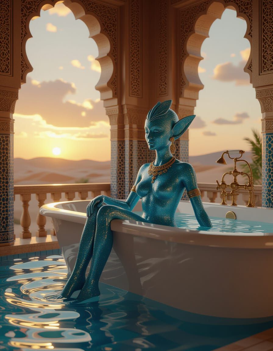 Water Elemental Enjoys Moroccan Spa Bath in Sunset