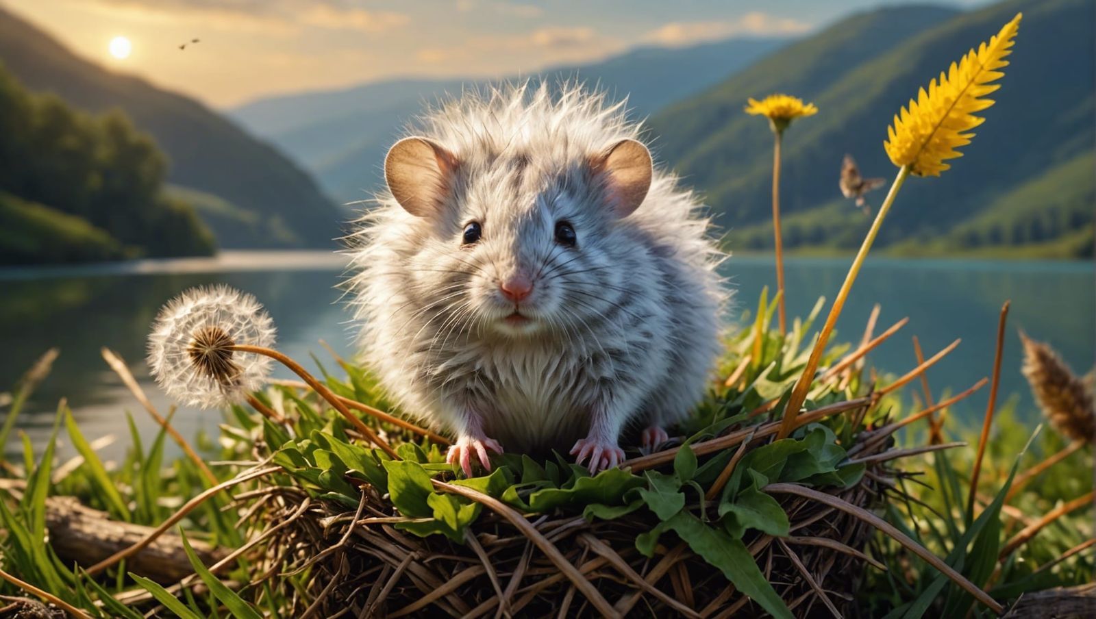 Cute Dandelion Mouse in Feather Nest: Fantasy Art