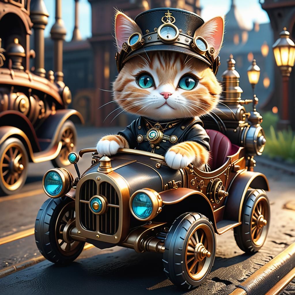 Adorable cat driving a steampunk car