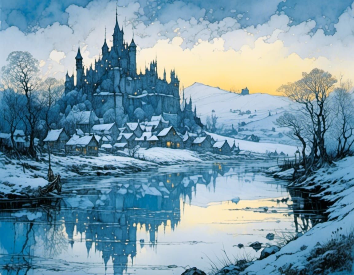 Mysterious Medieval Town at Night in Romantic Style