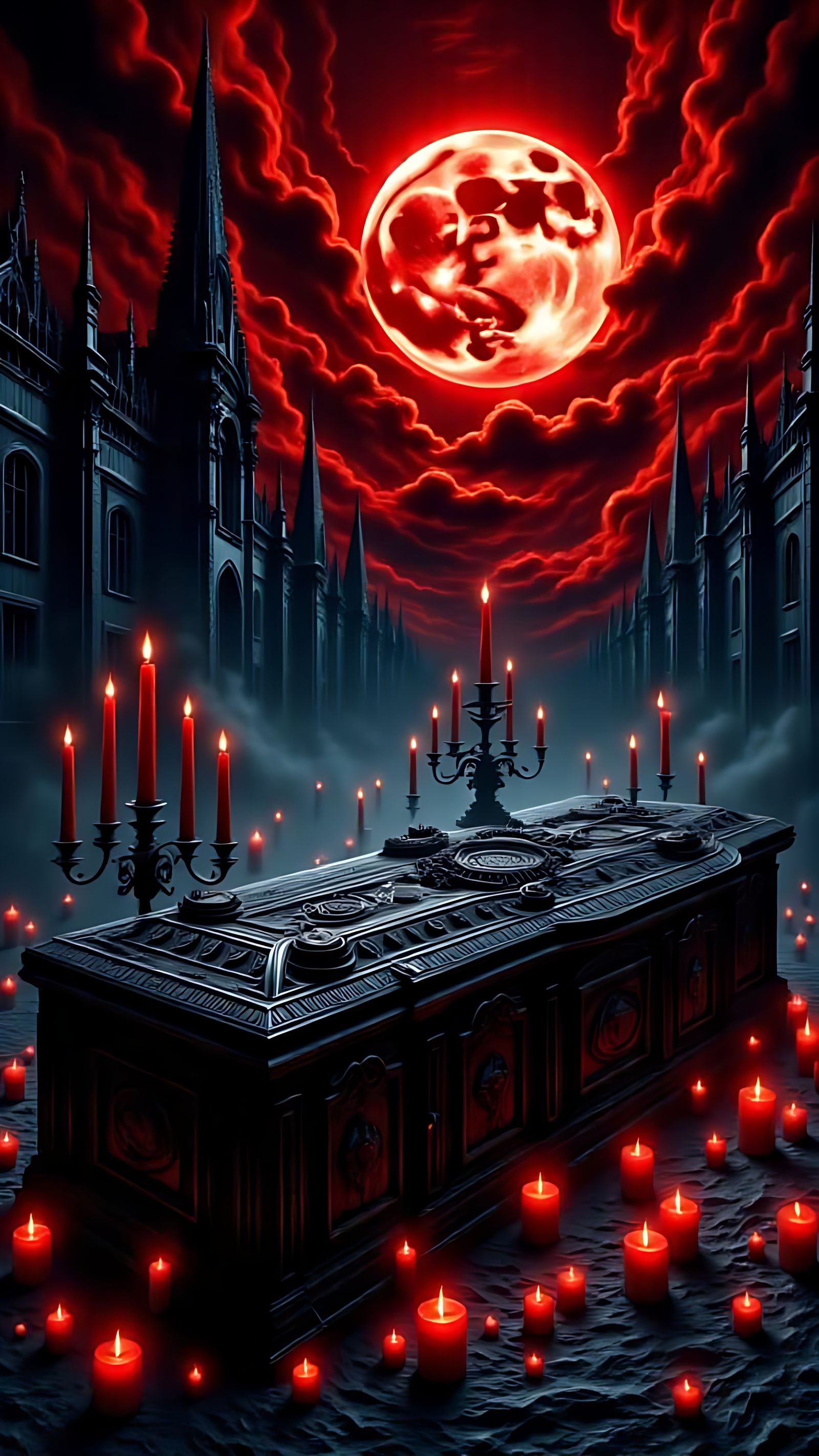 Dark Gothic Coffin Scene with Red Candles