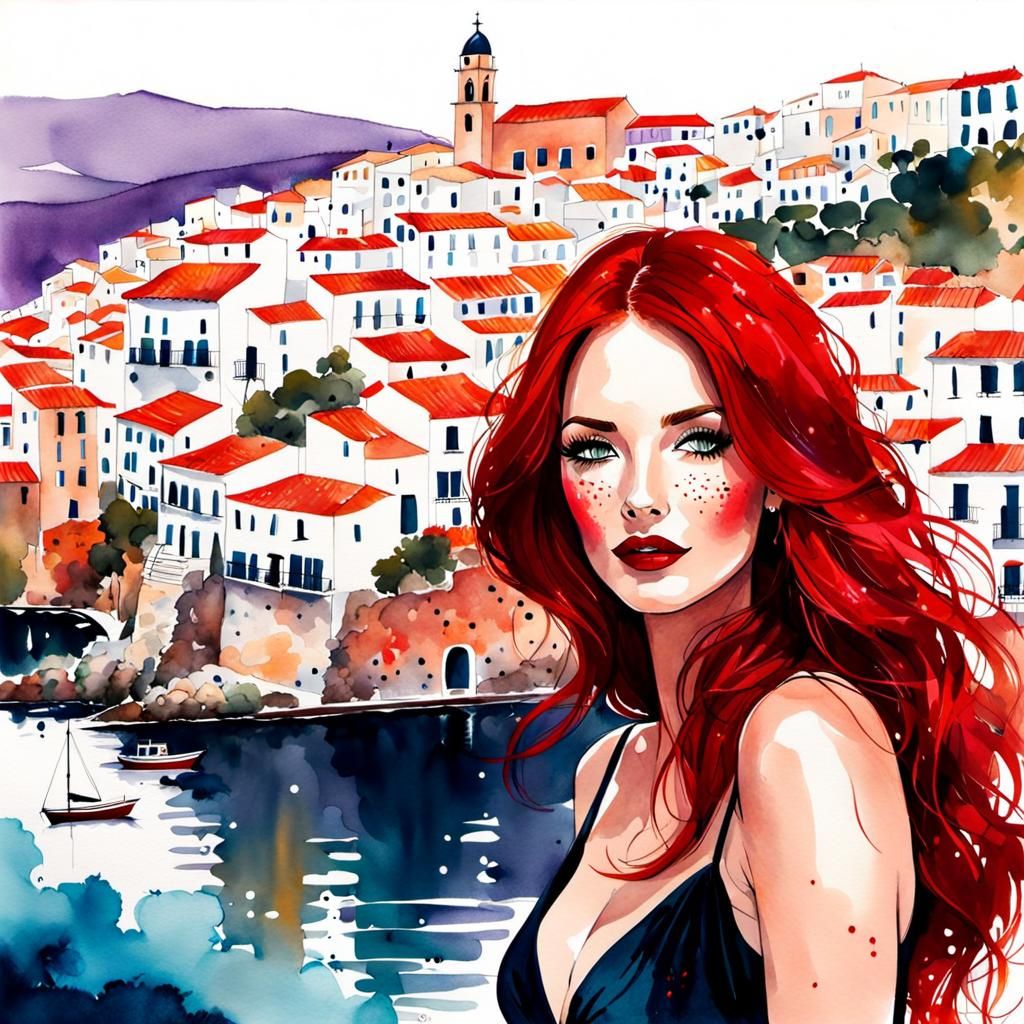 Stunning Lady Overlooking Spanish Town Illustration