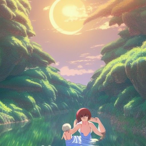 Anime Woman in Lake, Ghibli Style, 8k