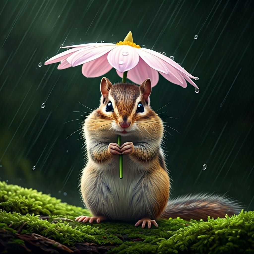 Whimsical Chipmunk Finds Shelter in Delicate Flower Petal Um...
