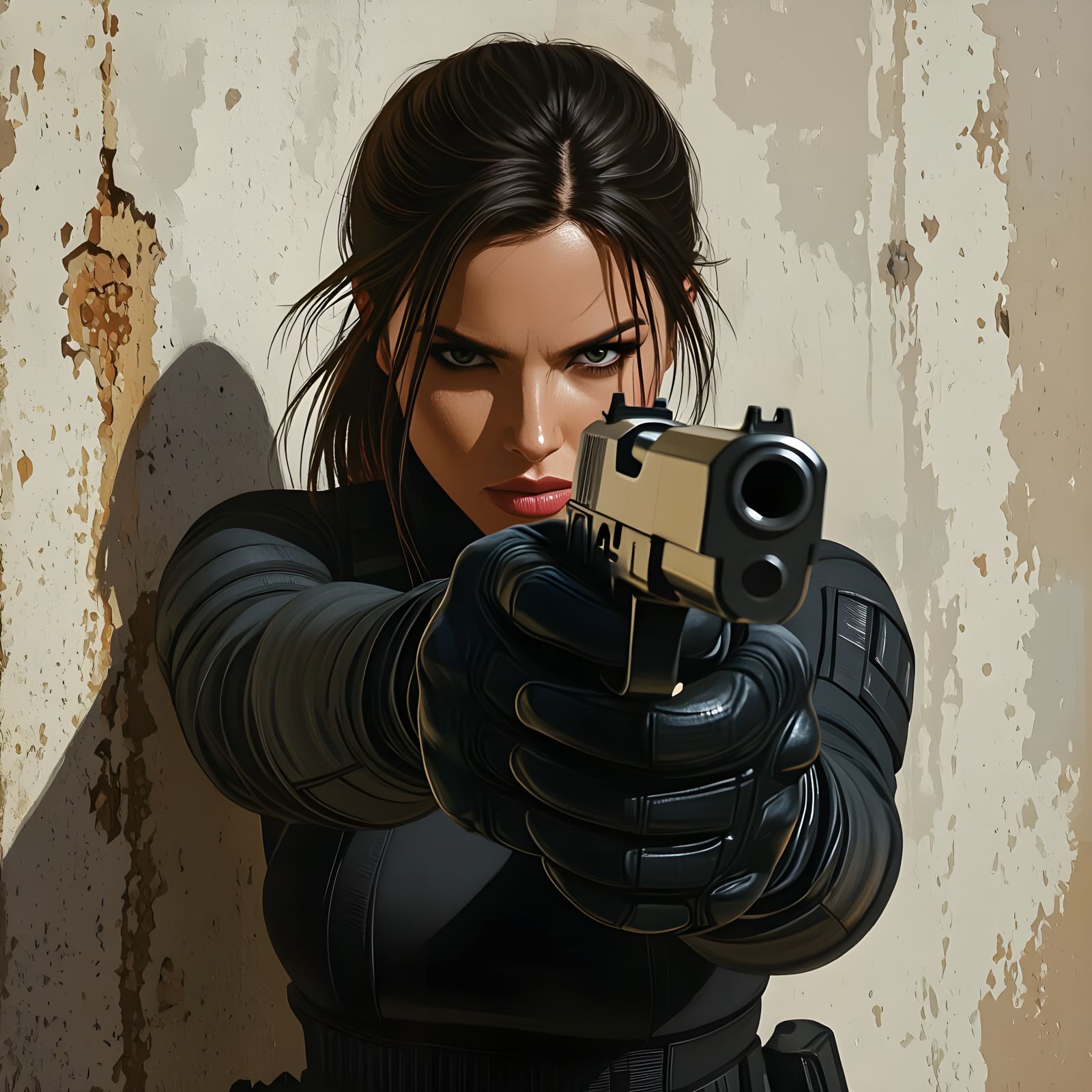 Futuristic Woman Points Gun in Urban Setting