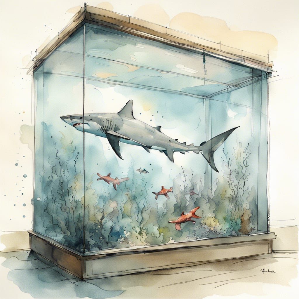 Shark in Aquarium in Watercolor Style