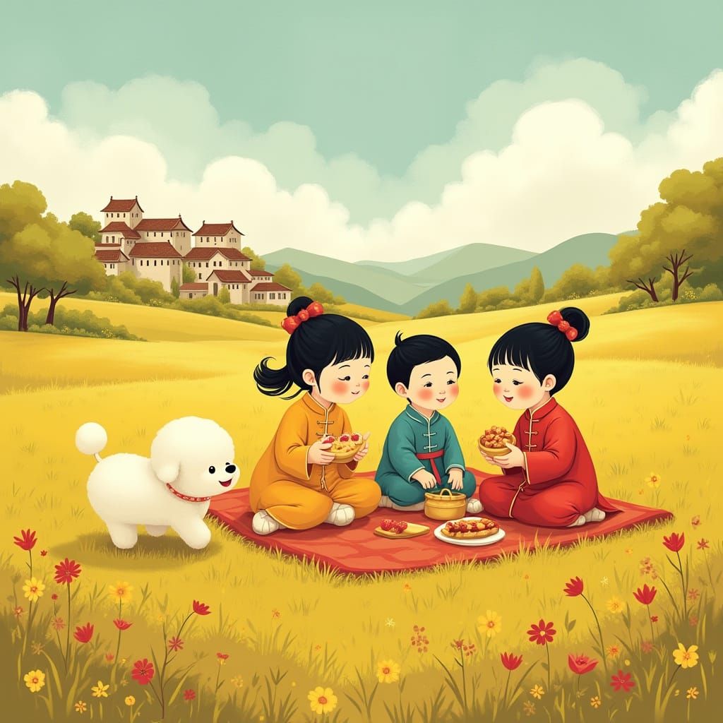 Chinese Family Picnic in 1970s Children's Book Style