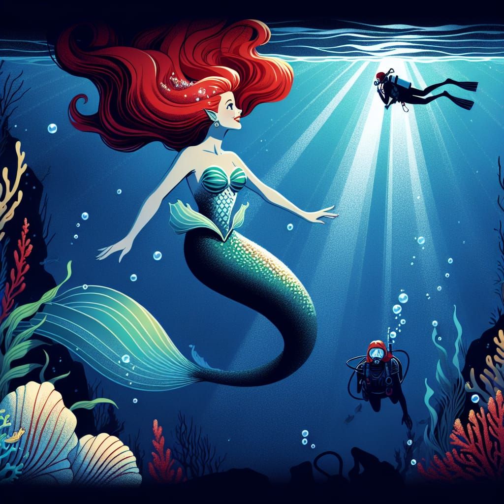 A redheaded mermaid swimming up to a  scuba diver.