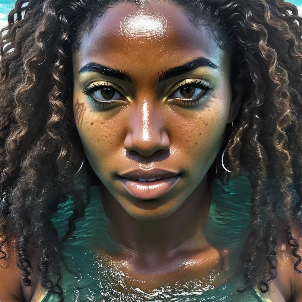 Sensual Woman Embraces Caribbean Waves in Art Nouveau Style