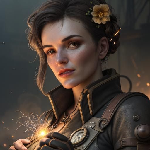 Steampunk Factory Worker Portrait with Flowers