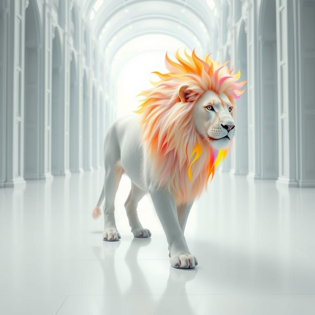 Albino Lion with Rainbow Fire Mane in White Hall
