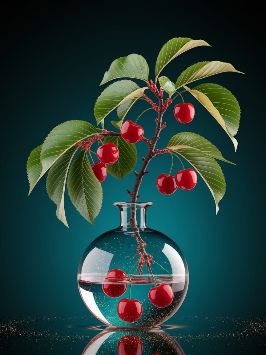 Vibrant Cherry Branch in Glass Vase