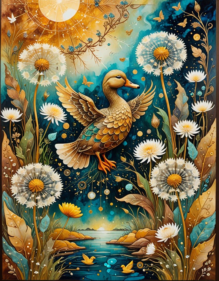Dandelions and Duck in Dreamlike Surrealist Painting