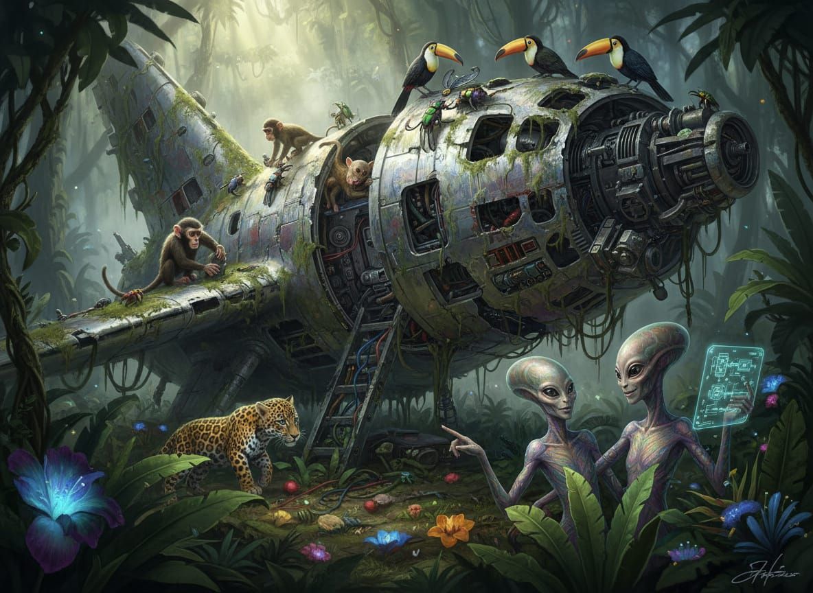 Crashed Spaceship in Jungle Explored by Curious Animals and ...