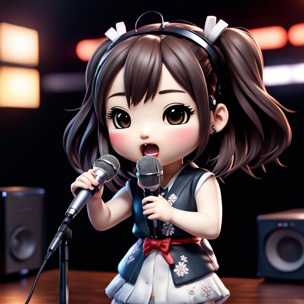 Hyper realistic Chibi Japanese  girl singing Karaoke