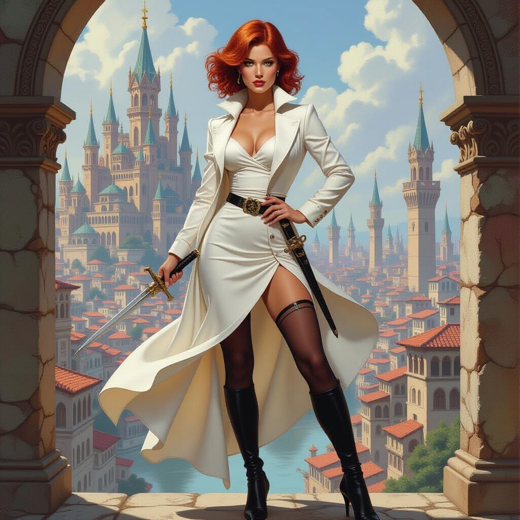 Fantasy Warrior Woman in White Dress in Vibrant City