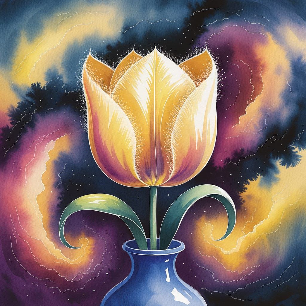 Yellow Tulip in Blue Vase Watercolor Painting