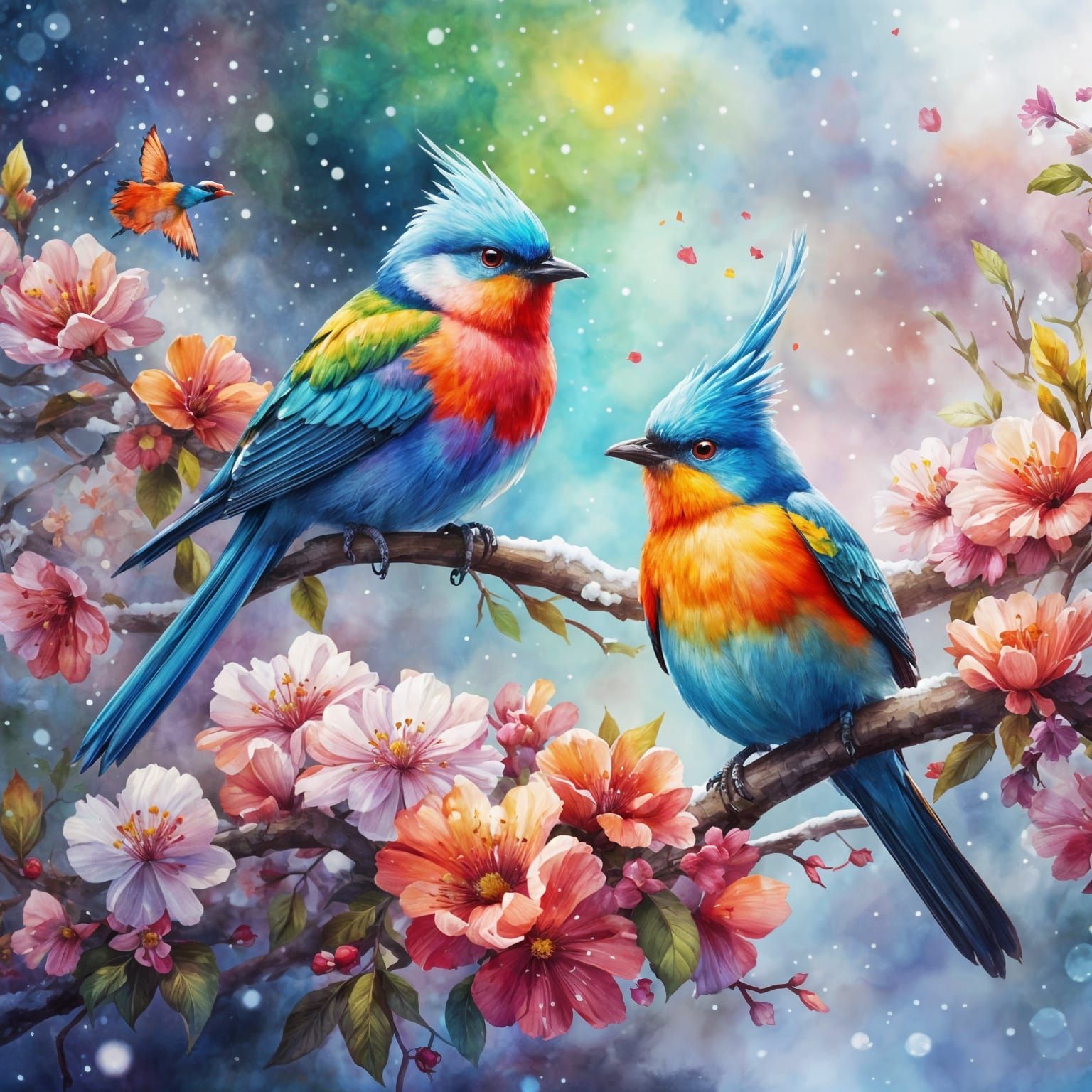 Colorful Birds and Flowers in Watercolor Style