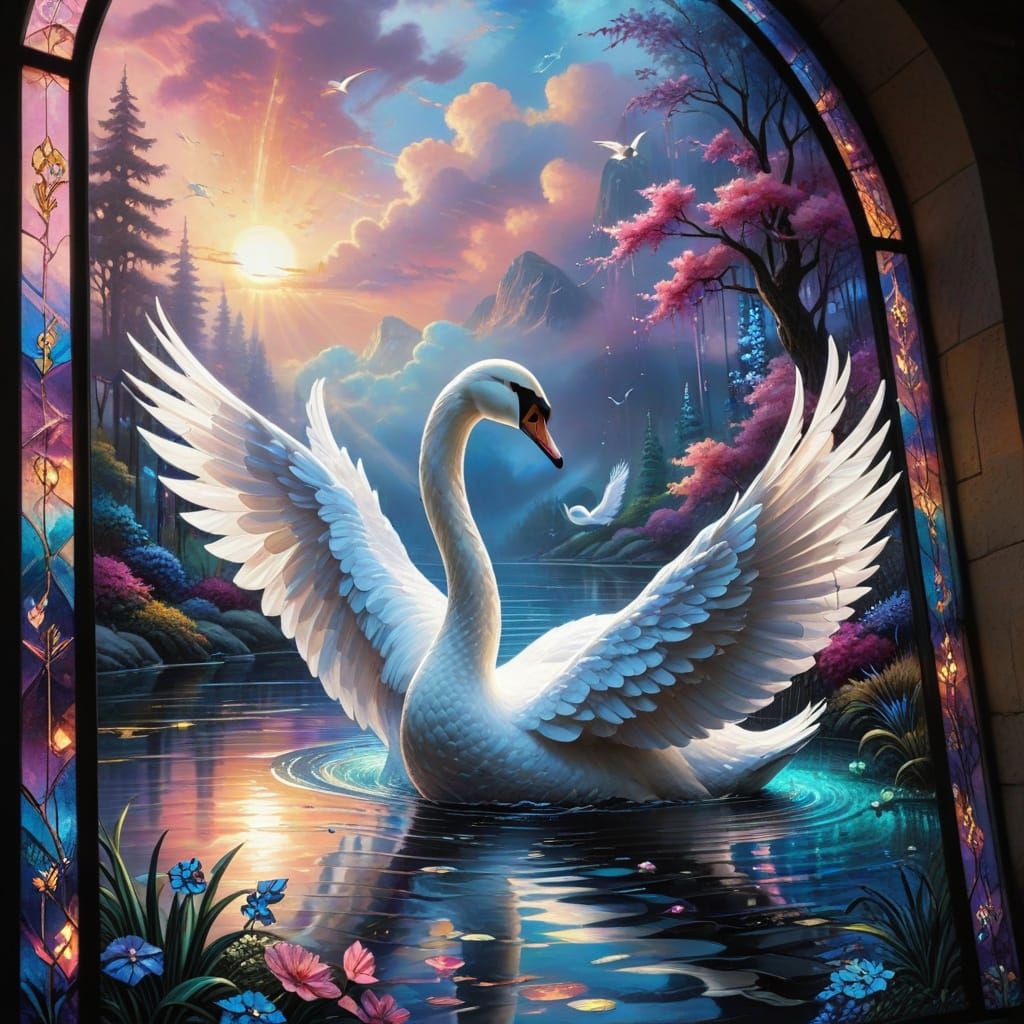 Ethereal Stained Glass Swan Window in Mist