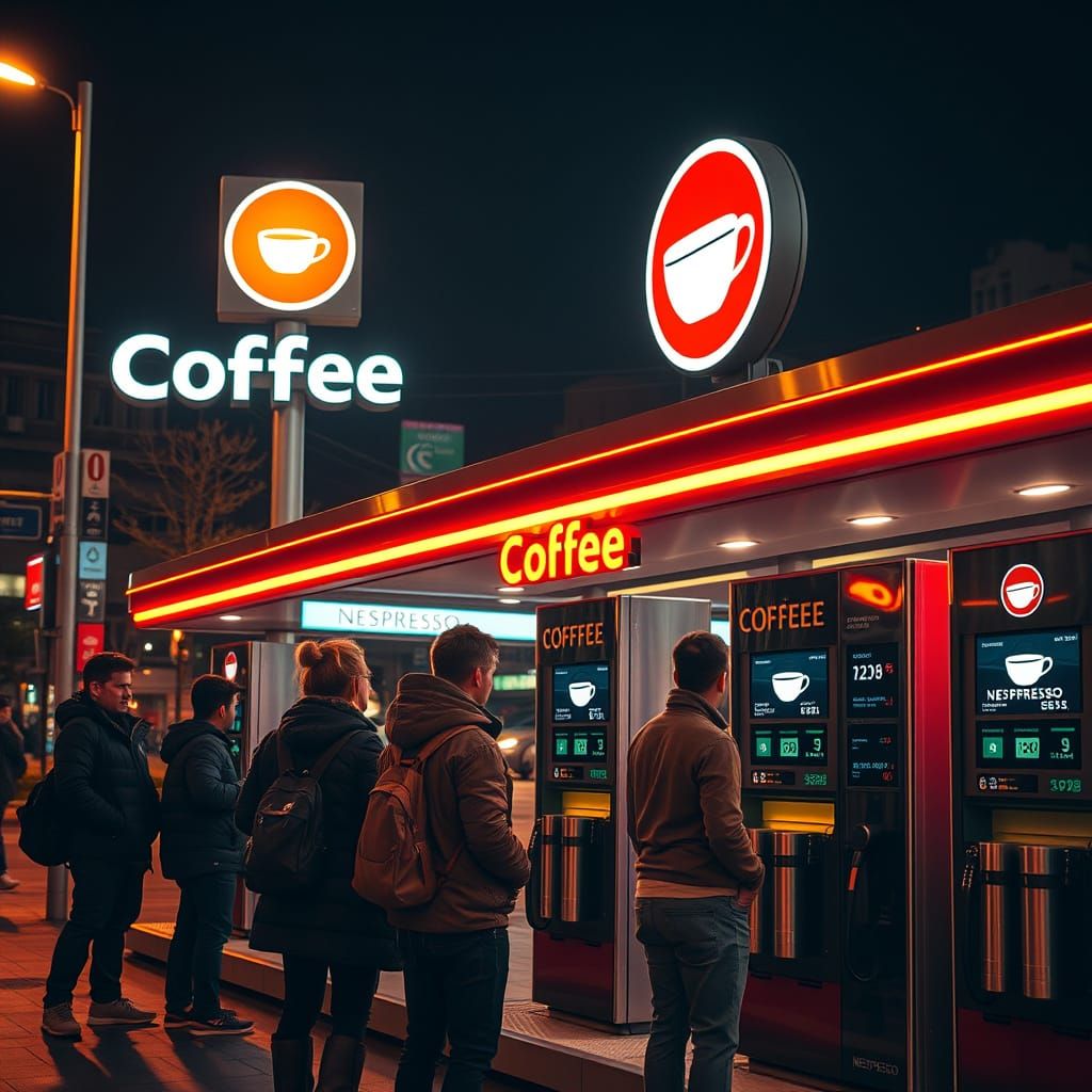 Modern Gas Station by Night: Coffee Oasis in the City