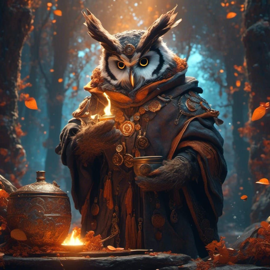 Wise Owlfolk Druid Smoking Pipe, Detailed Matte Painting