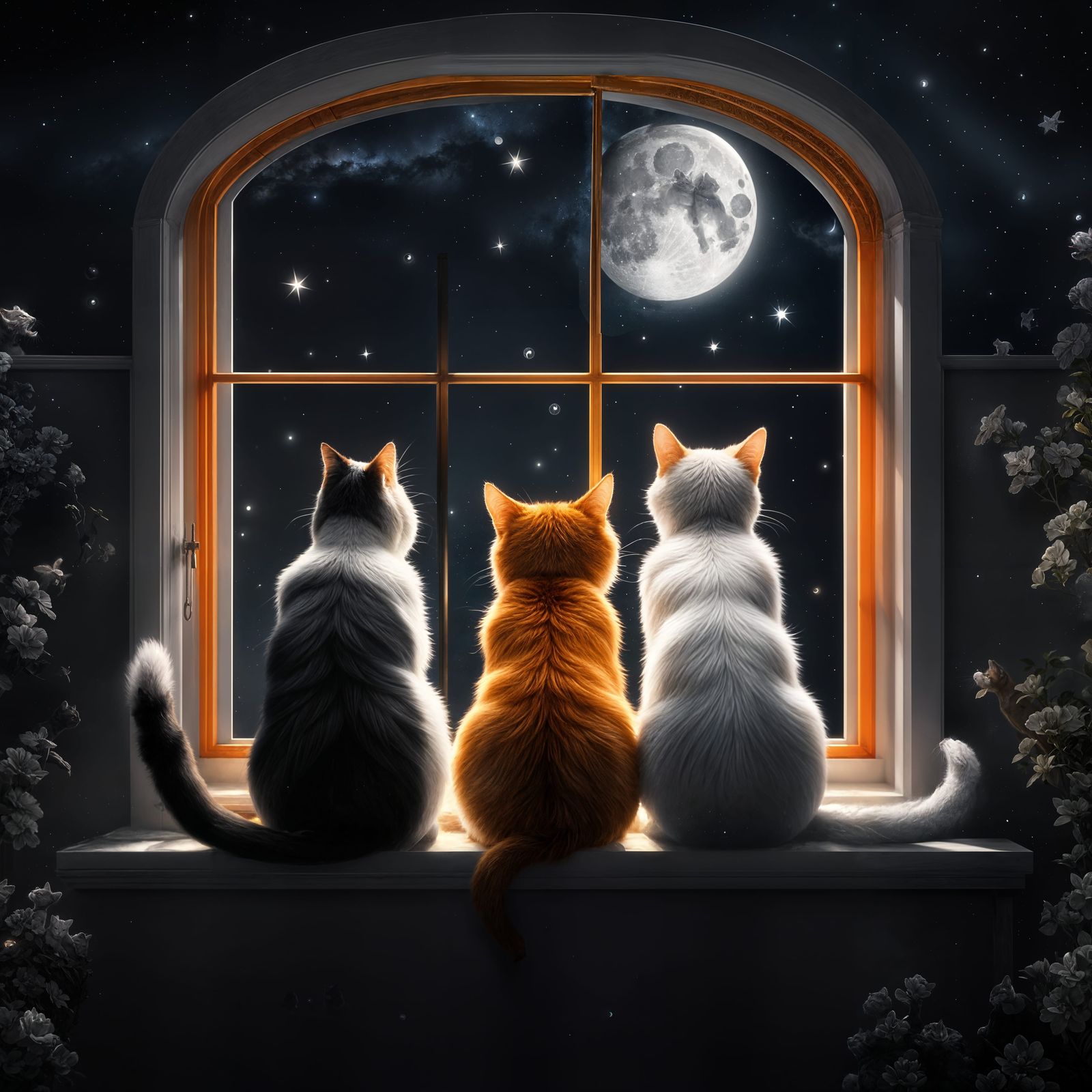 Cats Stargazing at Night, Digital Fantasy Art