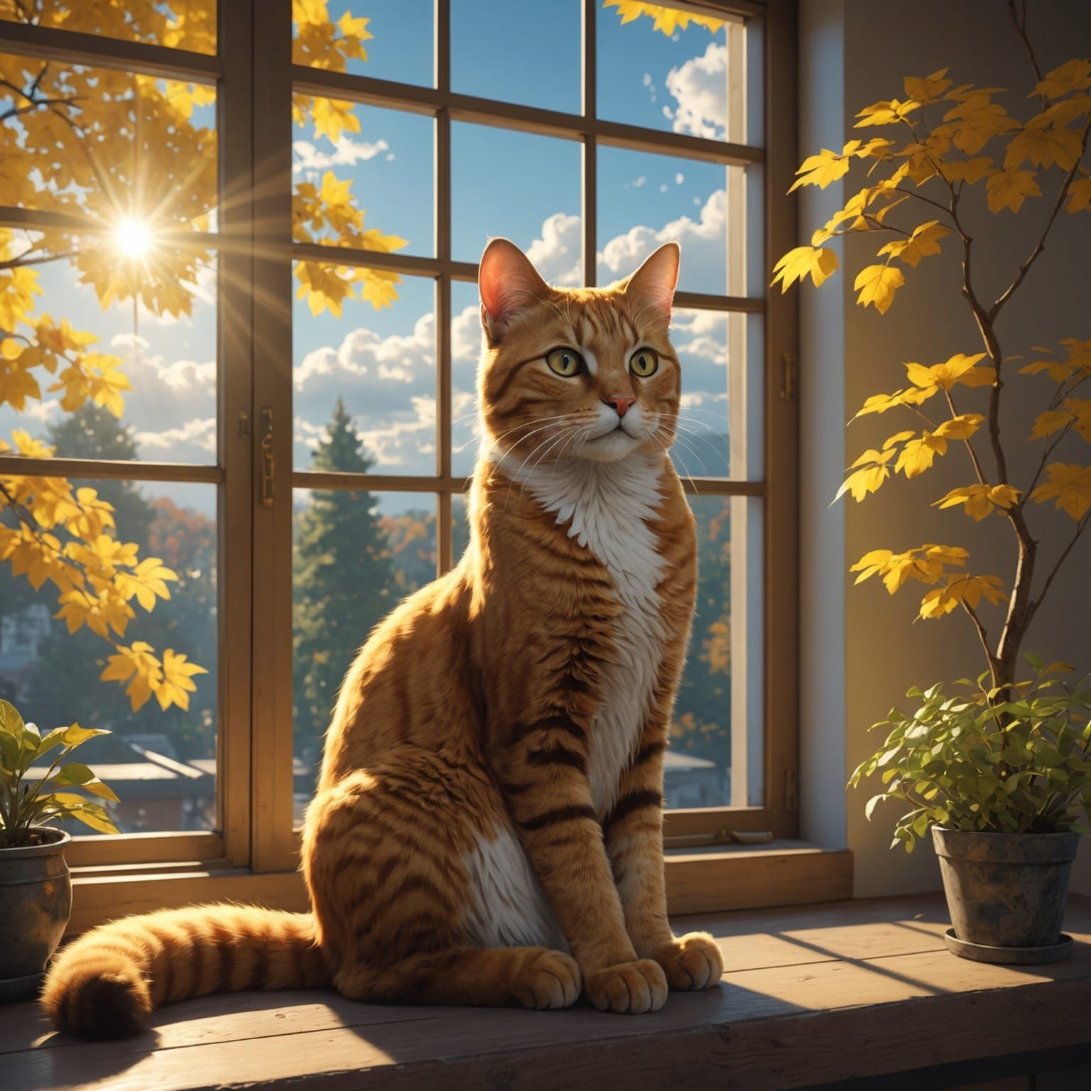 Golden Cat in Autumn Window: Anime-Inspired 3D Art