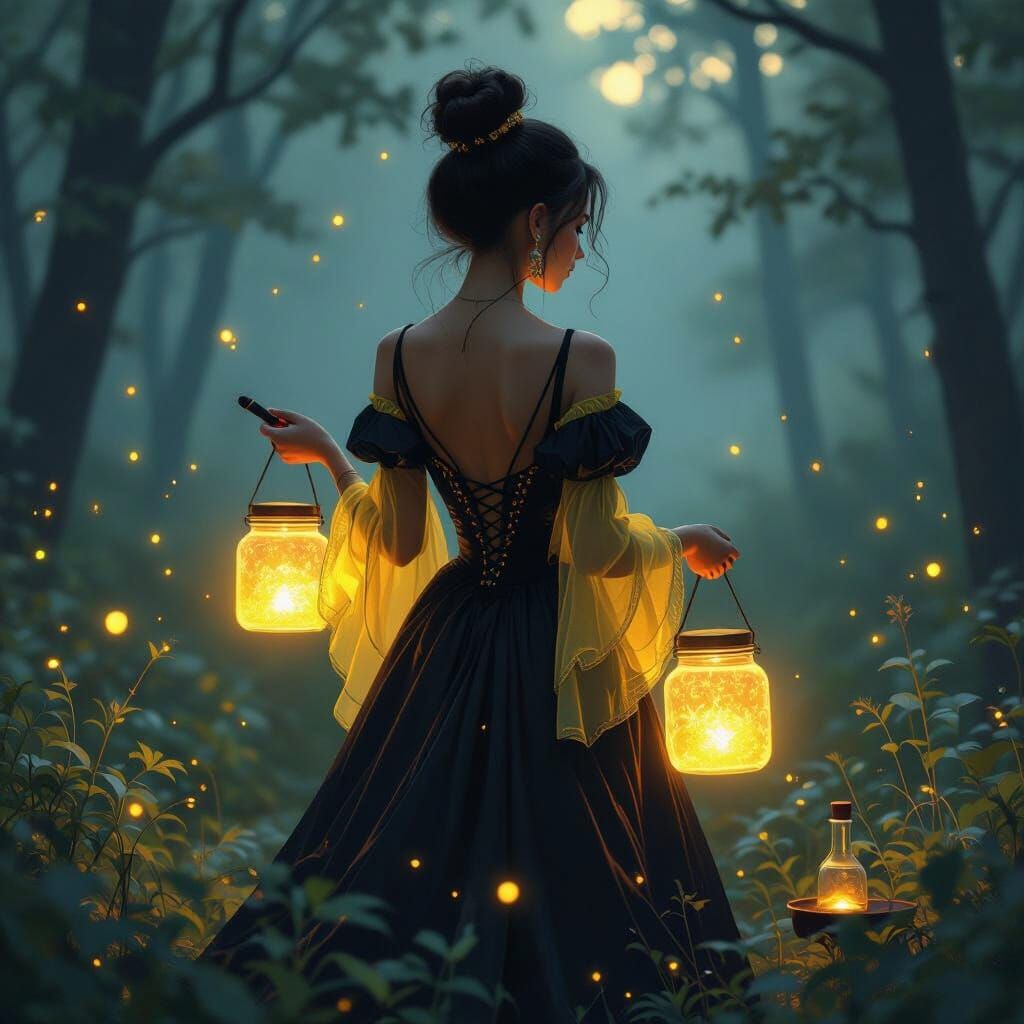 Glowing Firefly glamour, black and neon yellow gown with a soft light radiating from the M as she carries. Her hair is c...