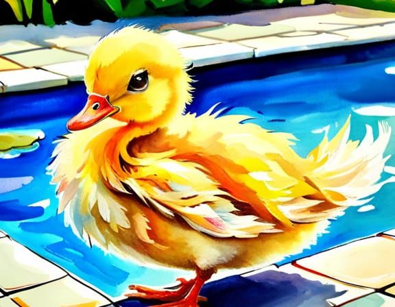 Chibi Duckling at the Swimming Pool: Digital Art