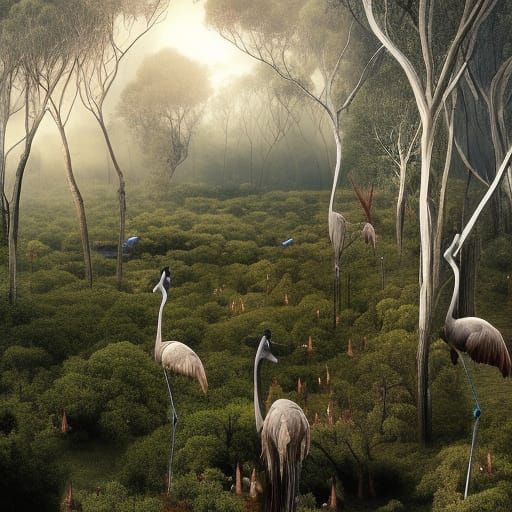 Cranes Feeding in Australian Bushland Digital Painting