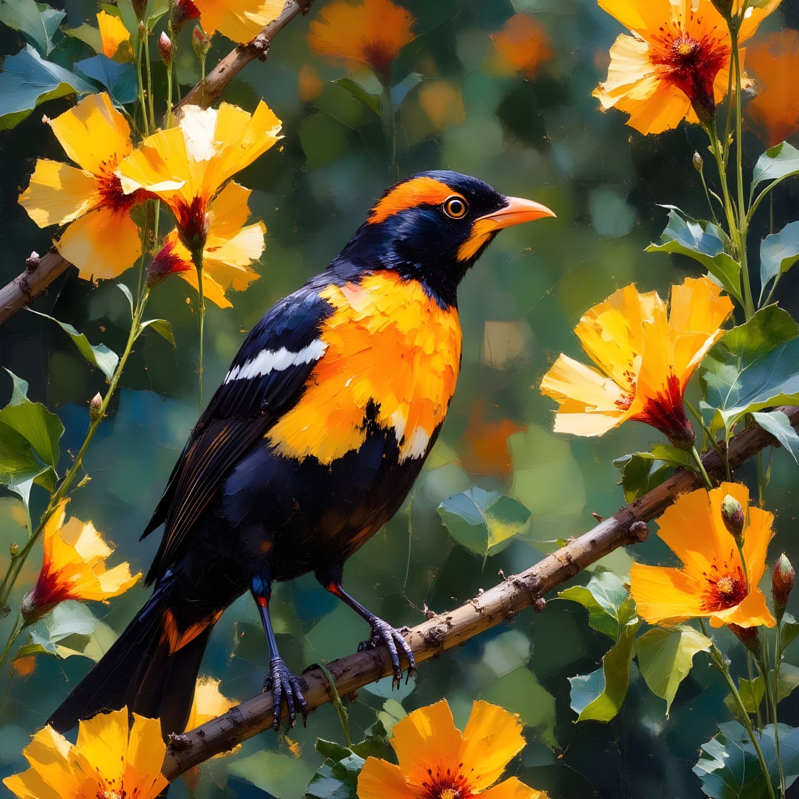 Blackbird in Blooming Tree with Sunset Light
