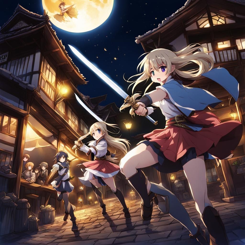 Night Battle in Lit Town with Magical Powers