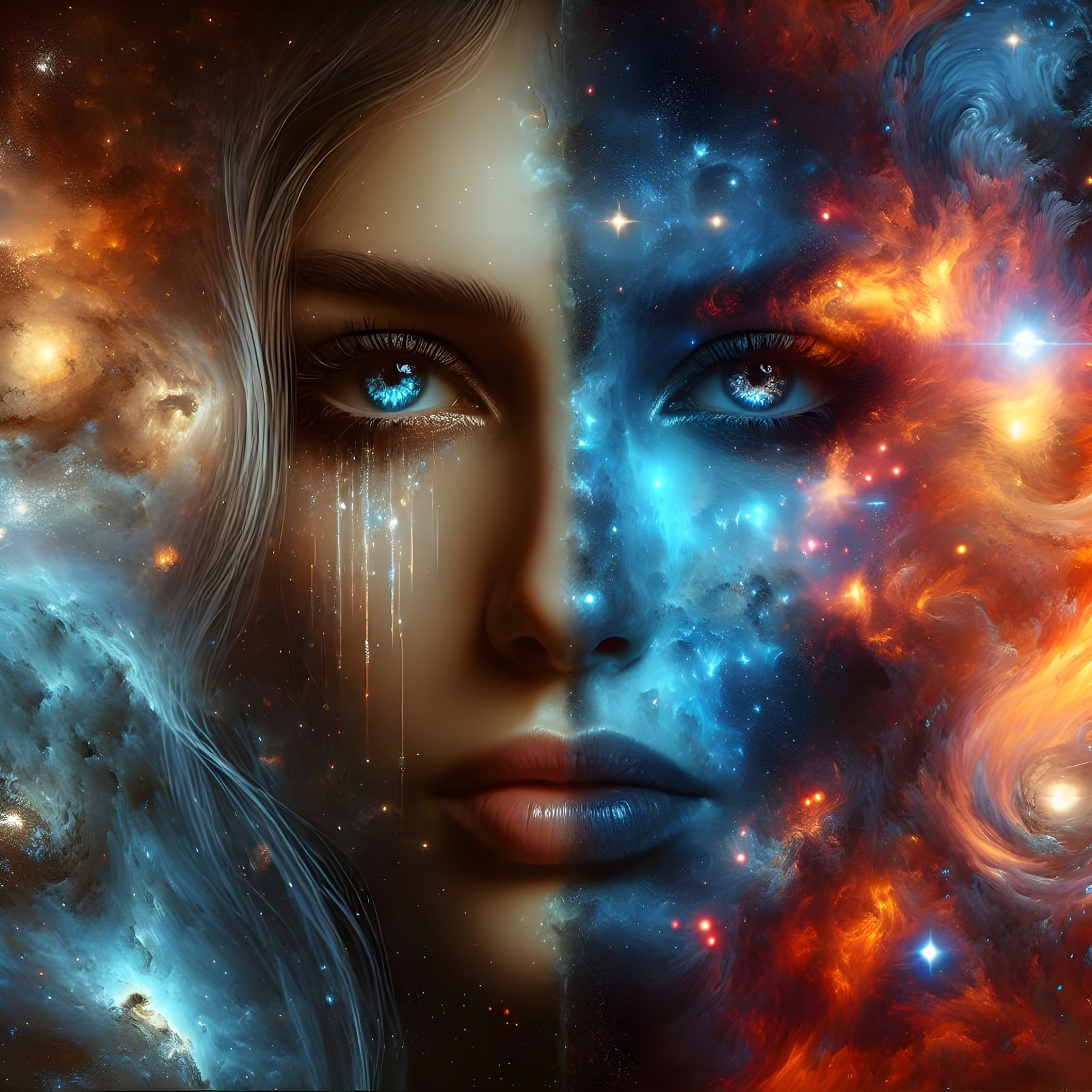 Cosmic Duality: A Woman's Face in Celestial Conflict