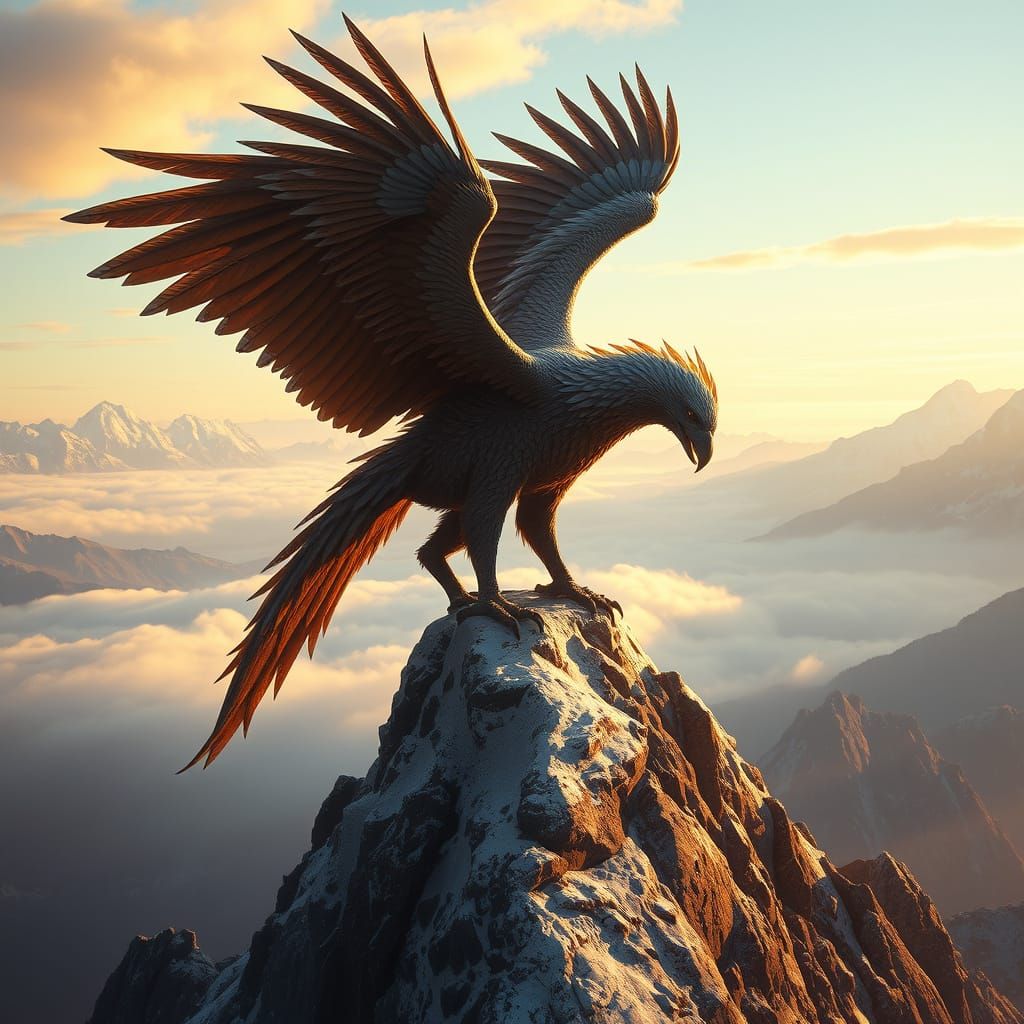 A majestic griffin perched atop a snow-capped mountain peak, overlooking a vast, mist-filled valley. Golden hour lightin...