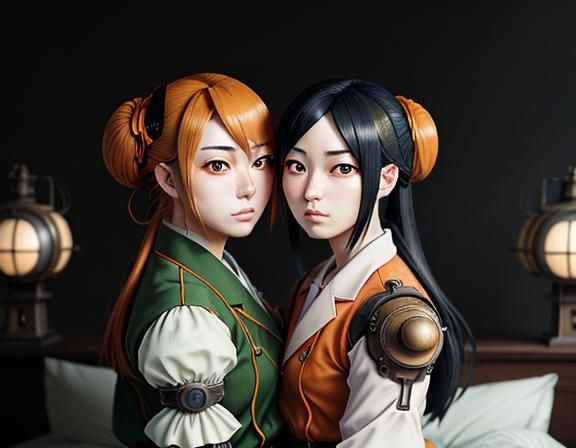 Twin Kemono Sisters Kiss in Steampunk Manga Style