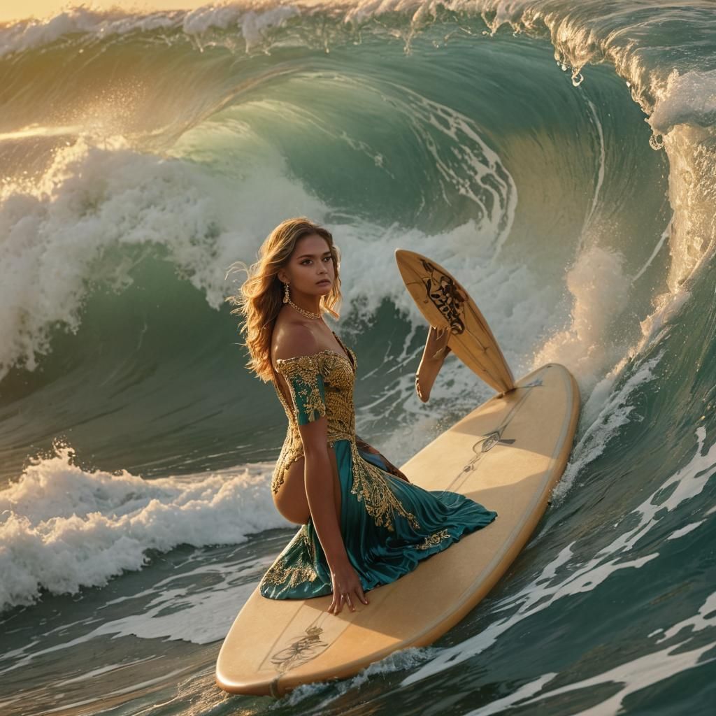Model Surfing Wave in Golden Light: Fantasy Concept Art