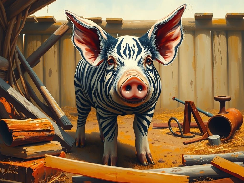 Rustic Rural Pig in Mucky Pigsty with Zebra Stripes