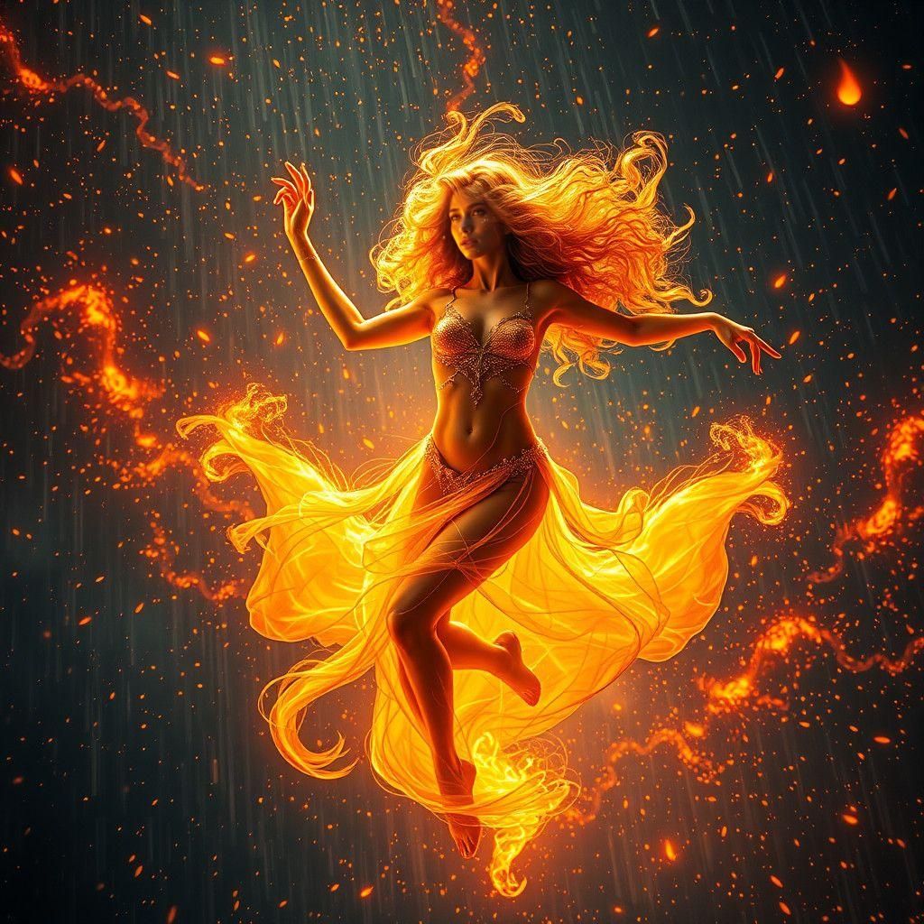 Golden Girl Dancing in Fiery Rain, Detailed Matte Painting