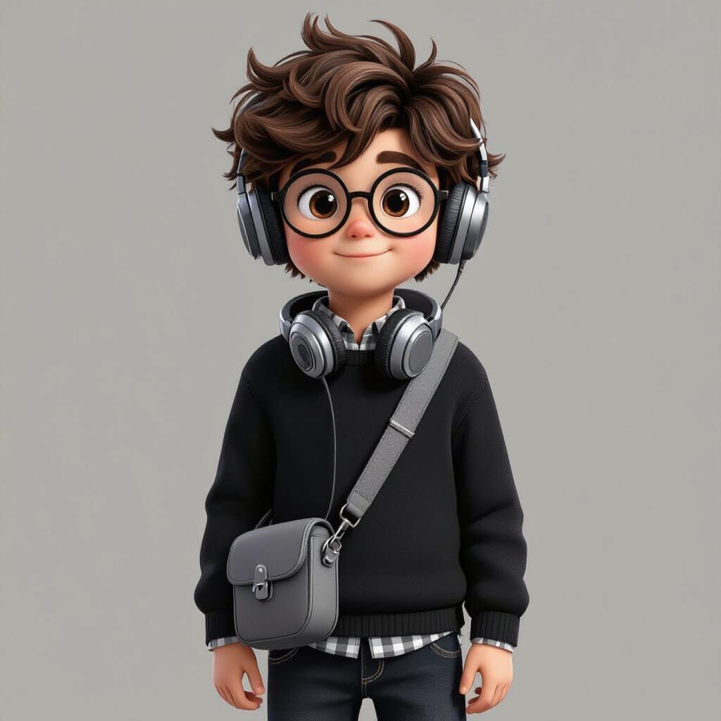 Fantasy Concept Art of Boy with Fluffy Brown Hair and Headph...