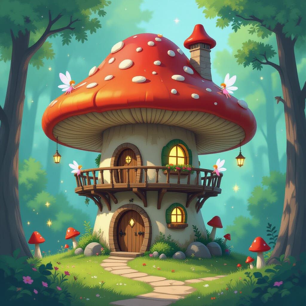 Whimsical Mushroom Treehouse in Fairy Tale Landscape