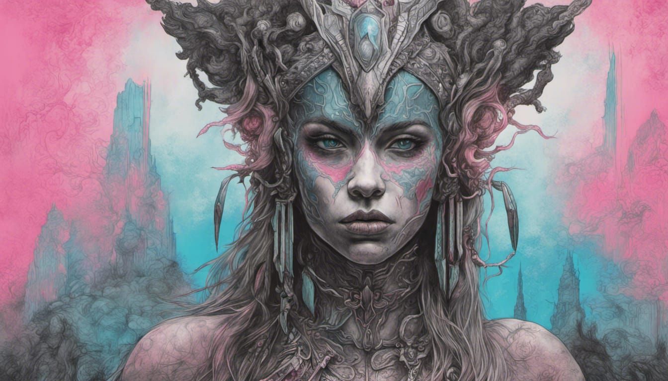 Amazon Warrior Girl in Synthwave Retro Horror Style