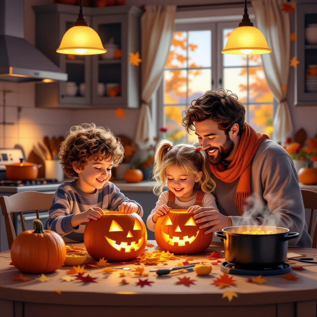 Family Carving Pumpkins in Cozy Kitchen at Dusk