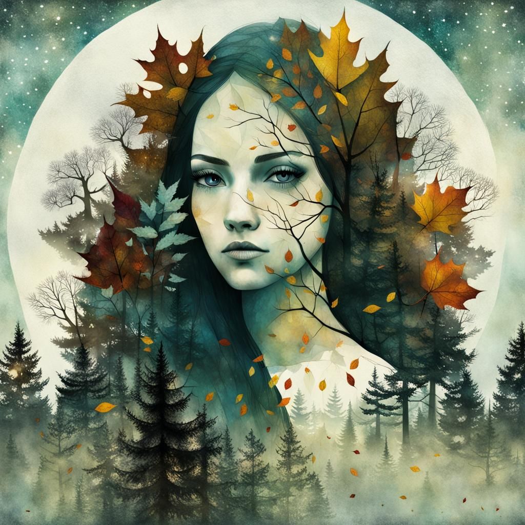 Double Exposure: Girl and Autumnal Forest Composite