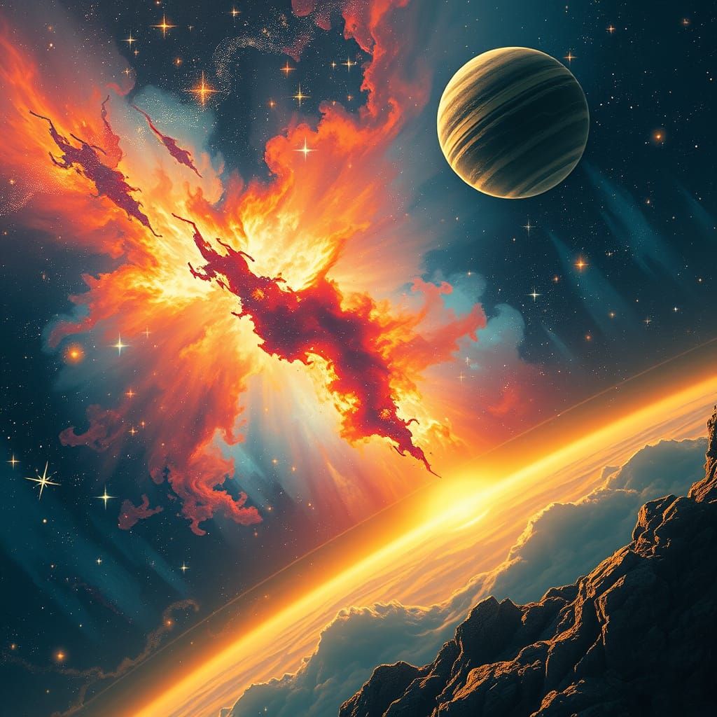 Vibrant Nebula with Planet: Vintage Sci-Fi Poster Style