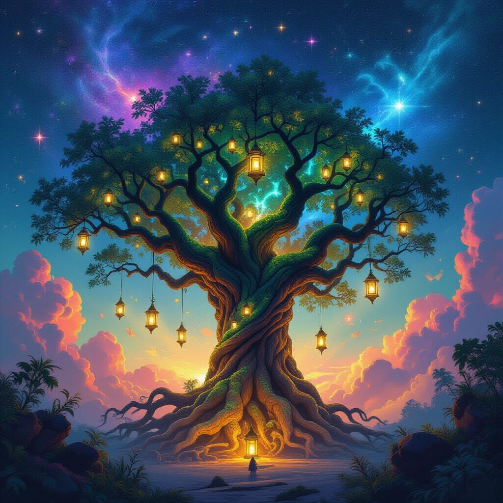 Cosmic Tree of Lanterns in Digital Art Style