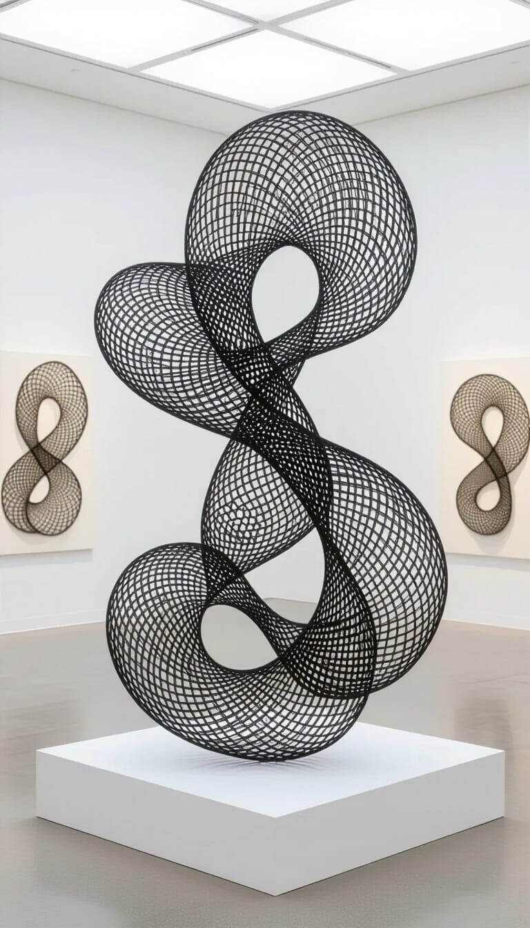 Intricate Looped-Wire Sculptures in Modern Art Gallery